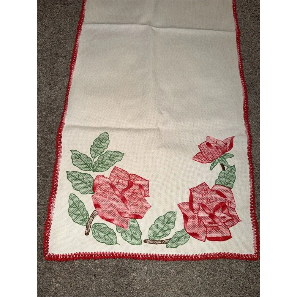 Antique Floral Table Runner Pink Rose Cross Stitch Farmhouse Cottagecore 43x16”